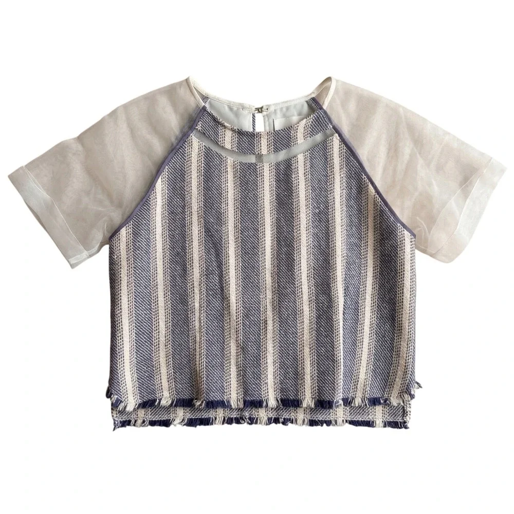 Greylin Anthropologie Boho Linen Cotton Crop Top M Sheer Sleeves Organza Coastal - Picture 3 of 11